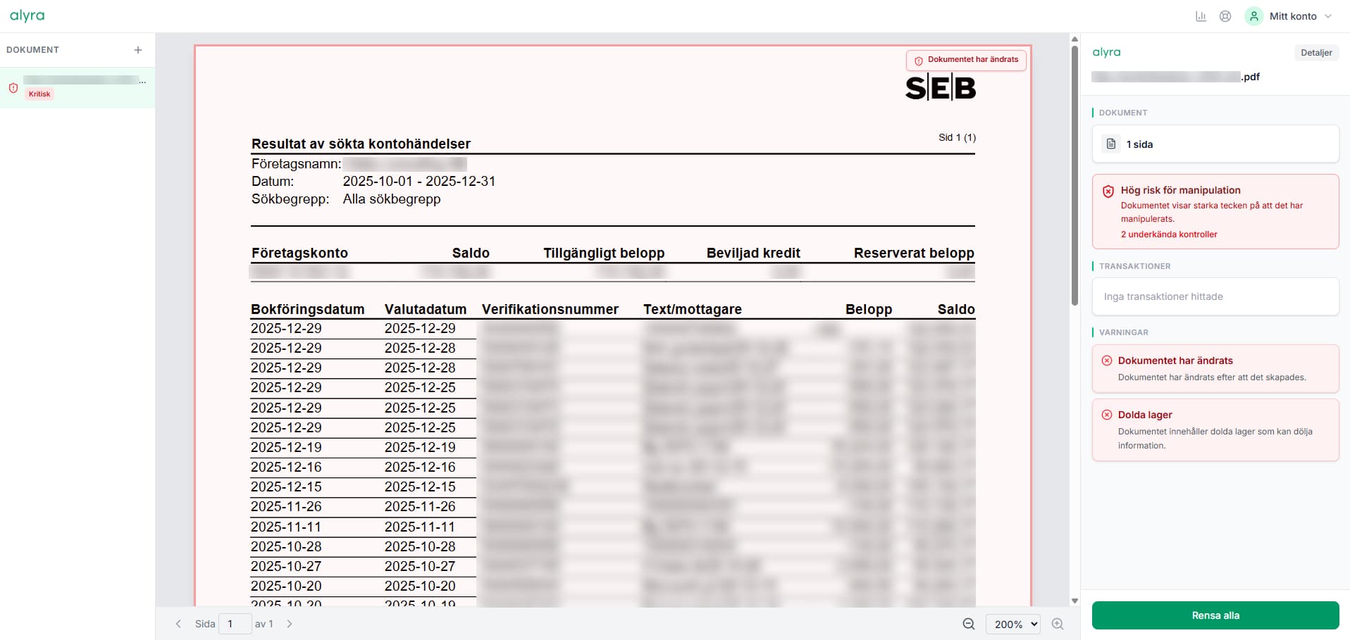 Alyra visar ett flaggat dokument med avvikelser